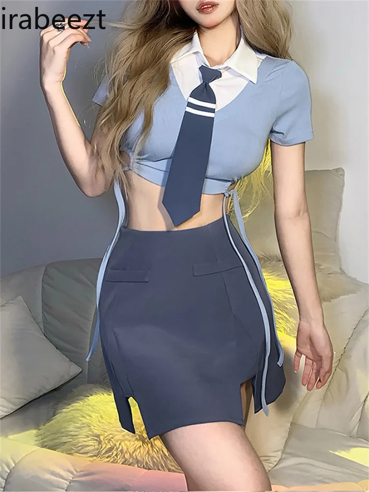 

Irabeezt Hot Girl Short Skirt Sets Women Summer New Korean Neck Patchwork Top ＋ High Waist Pleated Skirt Clothes 2022 Trend