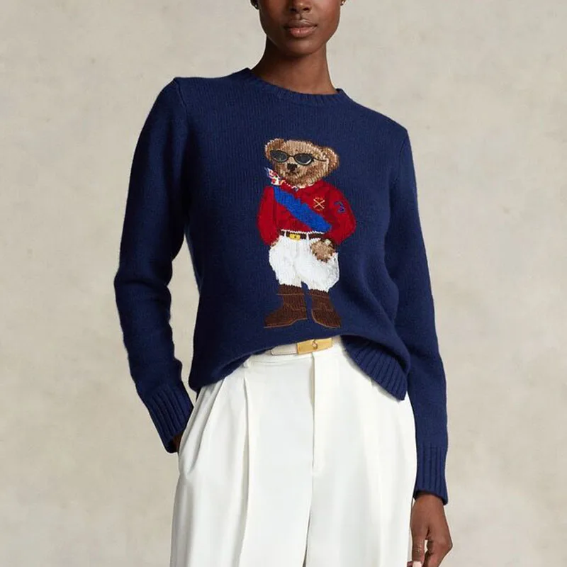 

Women's RL Bear Embroidery Cashmere Sweater Autumn Winter Style O Neck Casual Knit Pullover New Fashion Unisex Knit Sweater Male
