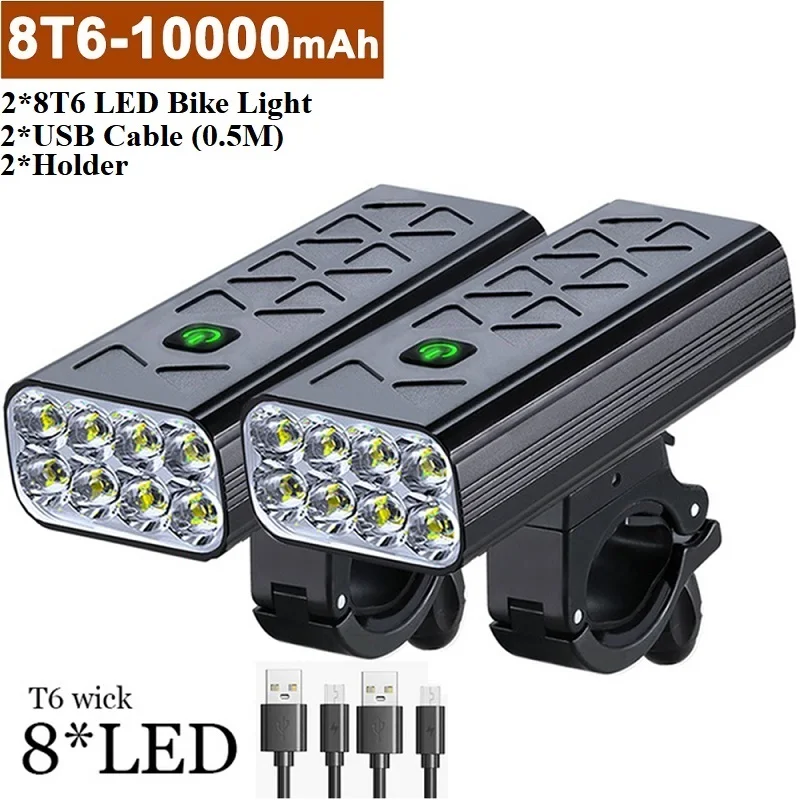 

10000mAh Bike Light USB Rechargeable 5000 Lumens Bike Headlight 8*LED Super Bright Flashlight Front Lights and Color Rear light