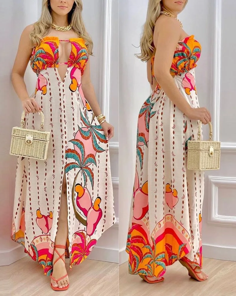 

Women Floral Print Loose Dress 2022 Femme Casual Sleeveless V Neck Maxi Robe Office Lady Outfits