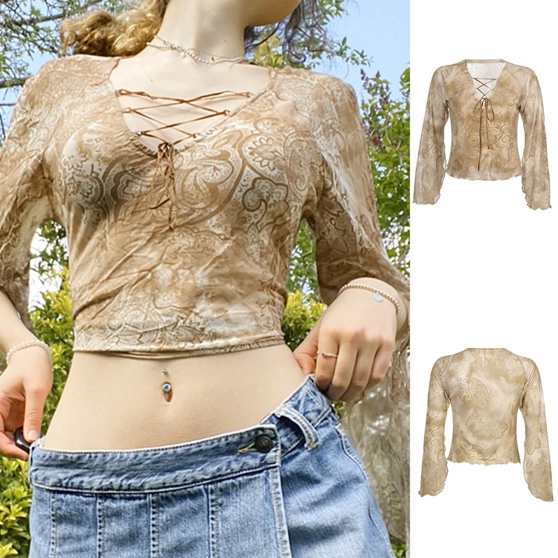 

ASDS-Aesthetic Y2K T Shirt Women Slit Flare Long Sleeve Lace Up V-Neck Pullovers Frill Mesh Tops Shirt Autumn