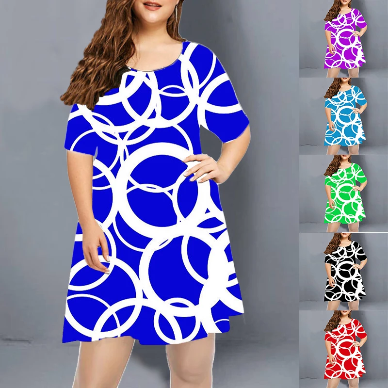 

2022 Summer Casual Sexy Beach Dresses Womens Fashion O-Neck Party Circle Print Dress Short Sleeve Loose Plus Size Mini Dress