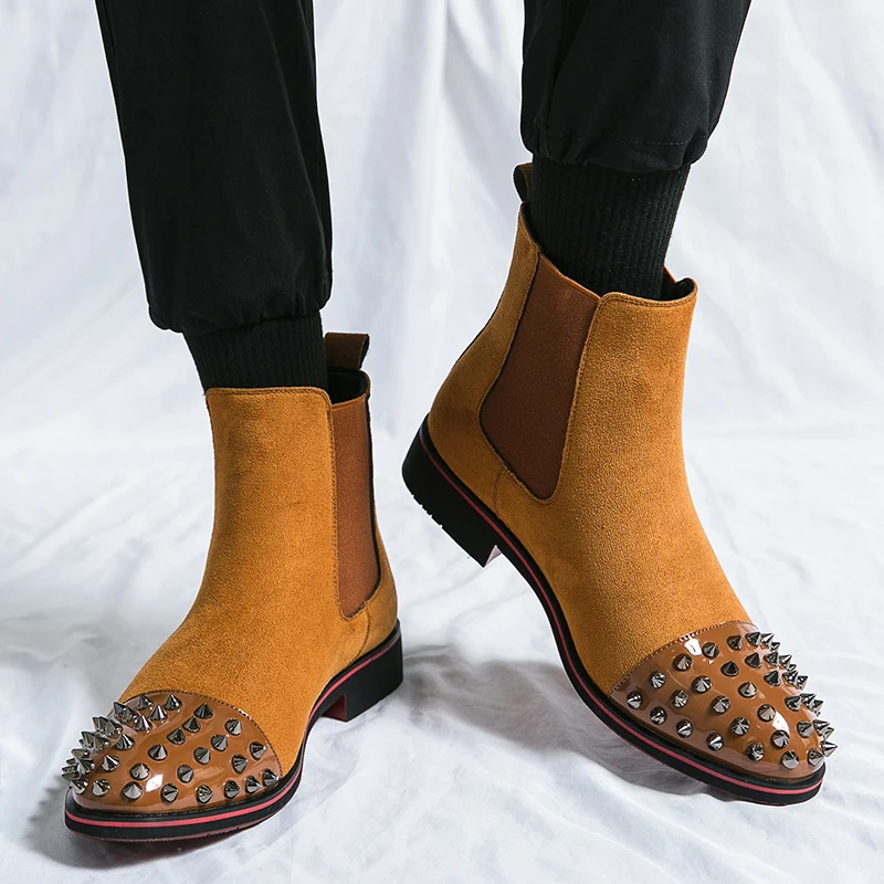 

Мужские дизайнерские деловые замшевые кожаные ботинки челси, желтая Классическая обувь с заклепками, формальные мужские ботинки, повседне...