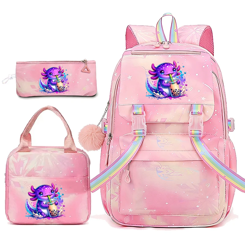 Фото Рюкзак Rainbow Axolotl Boba в стиле аниме для подростков, 3 предмета, школьный рюкзак для девочек и мальчиков с коробкой для обеда, легкий детский рюкзак, набор Mochilas, подарок №2