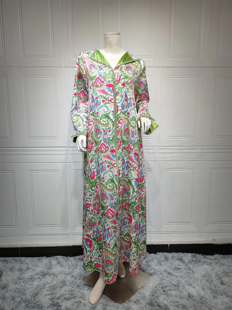Modest Muslim Moroccan Kaftan Dubai Abaya Dress for Women Eid-al-Adha 2023 New Twist Rhinestone Tape Ethnic Print Robe