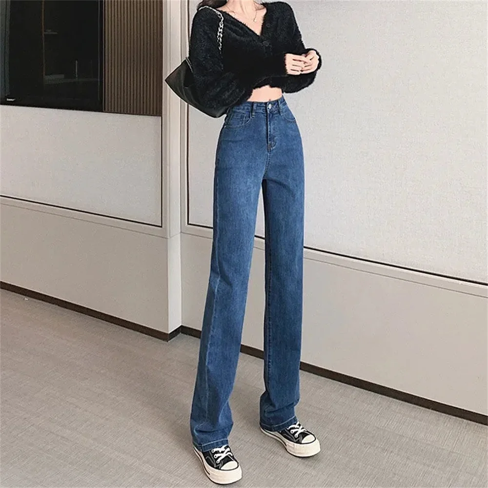 Black Blue 2023 High Waist Slim Thin Women Jeans Spring Autumn Purity Vintage Loose Straight Drag Casual Denim Pants
