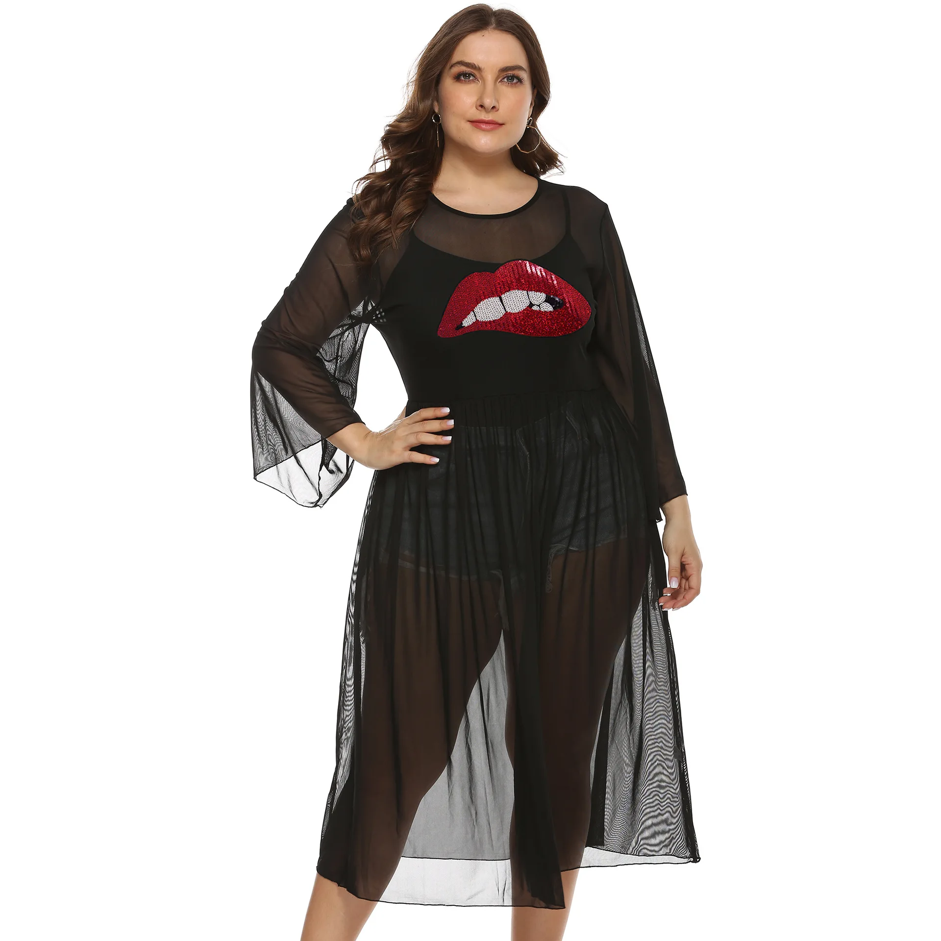 Black Mesh Plus Size Sexy Dresses for Chubby Women Summer Transparent Midi Beach Dress Ladies with Print Red Leopard Lip Sequins