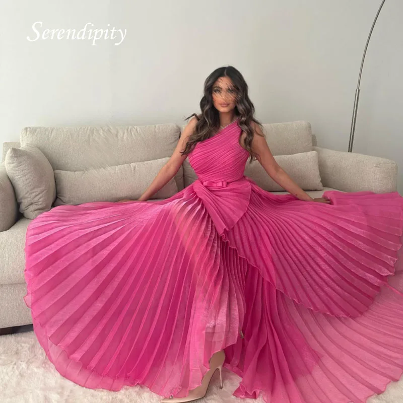 

Serendipity Simple Pitaya Color One-Shoulder A-LINE Crepe Formal Occasion Evening Dress 2023 Slim Fit Prom Skirt Sweep Train