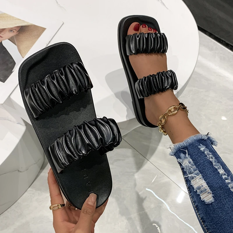 Cross sandals and slippers women's 2022 summer new one-word drags, square  head, flat bottom, pleated outer wear, large size beac - купить по выгодной  цене | AliExpress