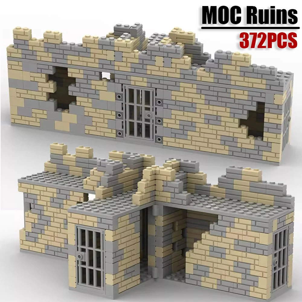 

Руины MOC WW2, строительные блоки, сцена войны, разрушенный дом, тюремный замок, крепость, военный базовый кирпич, сборные игрушки, подарок для мальчиков