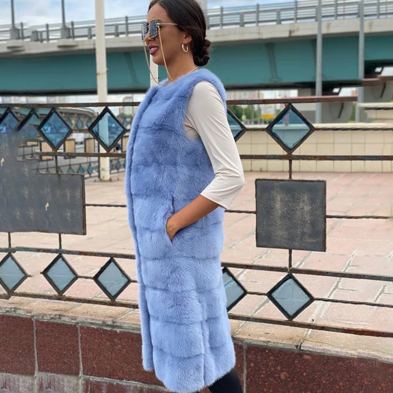 Sleeveless Light Blue Mink Fur Vest Long Style Women Luxury Cozy Genuine Mink Fur Outertwear Lady Autumn Winter Jacket Female