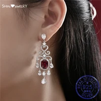 shipei elegant vintage 925 sterling silver ruby created moissanite gemstone anniversary pear dangle earrings fine jewelry gifts