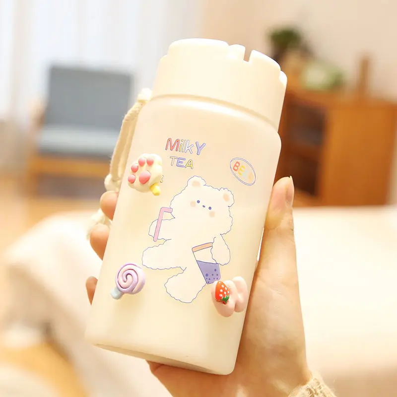 

Leak Proof Drink Tumbler 400ml Water Bottle Portable Cartoon Plastic Frosted Transparent INS Cute Milk Mug Summer Outdoor Travel
