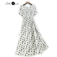 black and white natural mulberry silk dress womens collar elastic double qiao silk dress drawstring 2022 womens new style