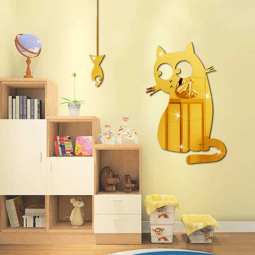 

2021 New Cat Wall Stickers Mirror Stickers Decal Fish For Living Room Bedroom Bathroom Nordic Decor Vanity Small Mirror