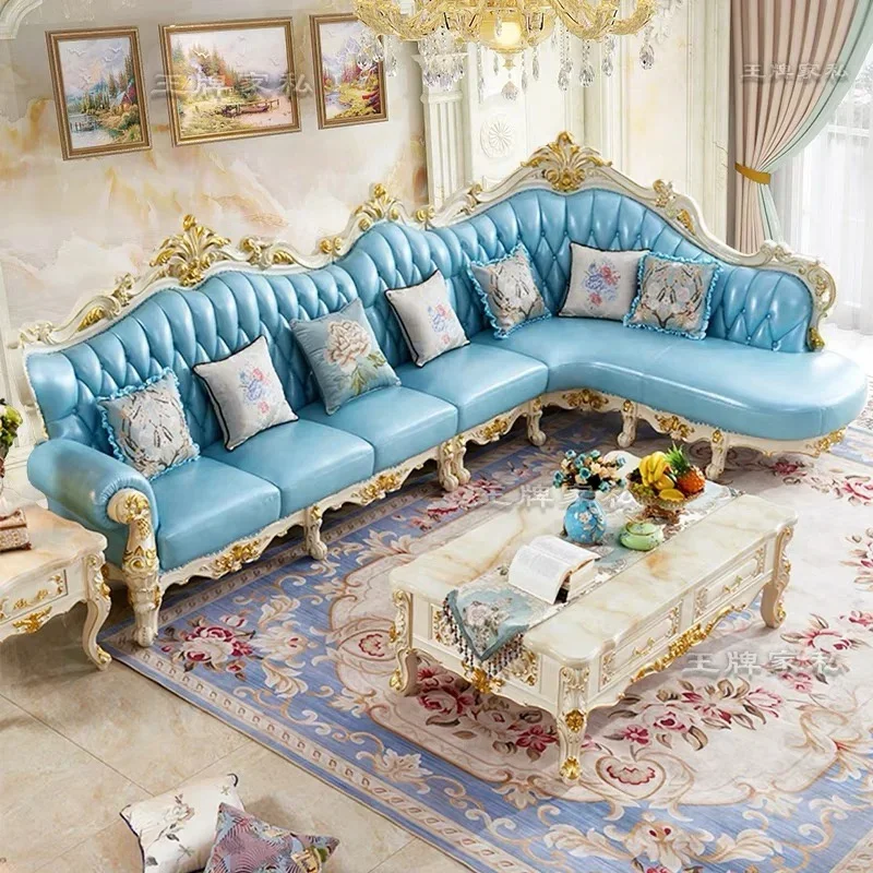 Фото «Королевский европейский стиль, современные роскошные диваны из натуральной кожи, L-образный диван, тканевый бархатный диван L-образной формы для мебели для гостиной №3