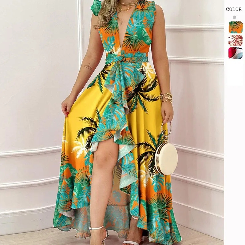 

Женское платье-качели без рукавов, Асимметричное Платье макси с V-образным вырезом и принтом, Пляжное Платье с завязкой, лето