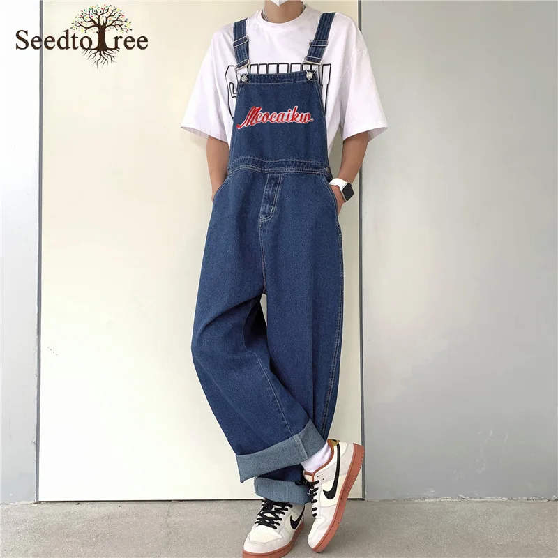 Men's Denim Overalls Ankle Length Jeans Overalls Loose Straight Suspenders Pants Cargo Pants Unisex