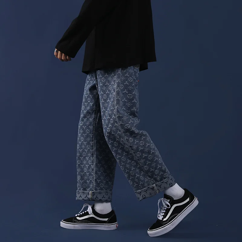 Man Jacquard Cashew Print Jeans Vintage Korea Wide Leg Pants 2021 Men Spring Autumn Fashion Mid Waist Straight Jean Streetwear