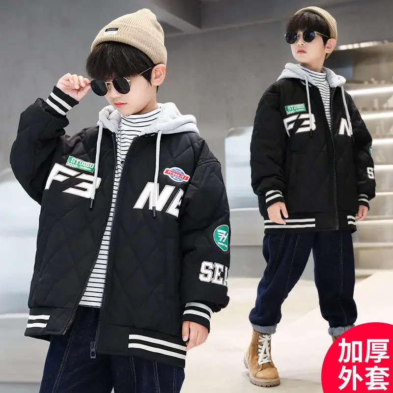 

2023 зимнее плотное пальто для мальчиков, парка для подростков, детские бархатные теплые куртки, модная верхняя одежда с капюшоном, детская одежда