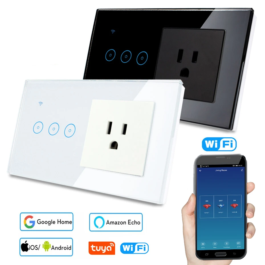 

146 Type Tuya WiFi Touch Switch With 16A Electrical US Socket Smart Wall Light Home Switch Voice Control by Alexa Google Home