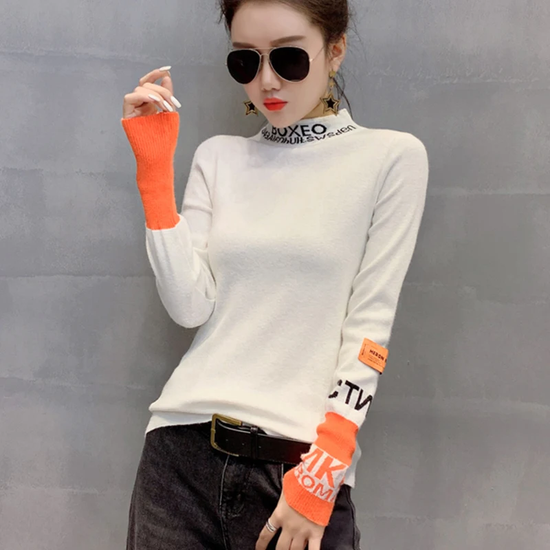 

Tops Spring Autumn White Black Harajuku Woman Sweater Pullovers Long Sleeve Letter Tight Sweater Turtleneck Thin Knitted