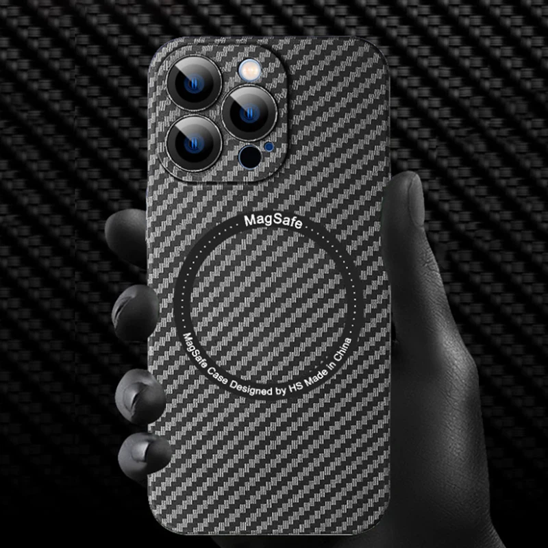 

Carbon Fiber Texture Splice For Magsafe Magnetic Wireless Charging Case For iPhone 13 12 11 Pro Max Hard PC Shockproof Cover