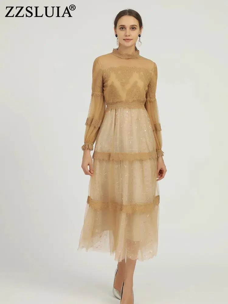 

Elegant Long Mesh Yarn Women's Dresses Lace Sequined Patchwork Long Sleeve Perspective Dress For Party Fashion Female Clothing