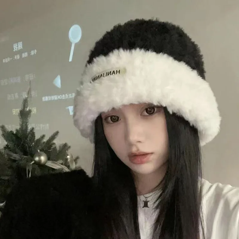 

Trendy Coldproof Plush Hat For Girls, Winter Warm Thicken Hat, Ear Protection Beanie Hats, Windproof Contrast Color Flurry Caps