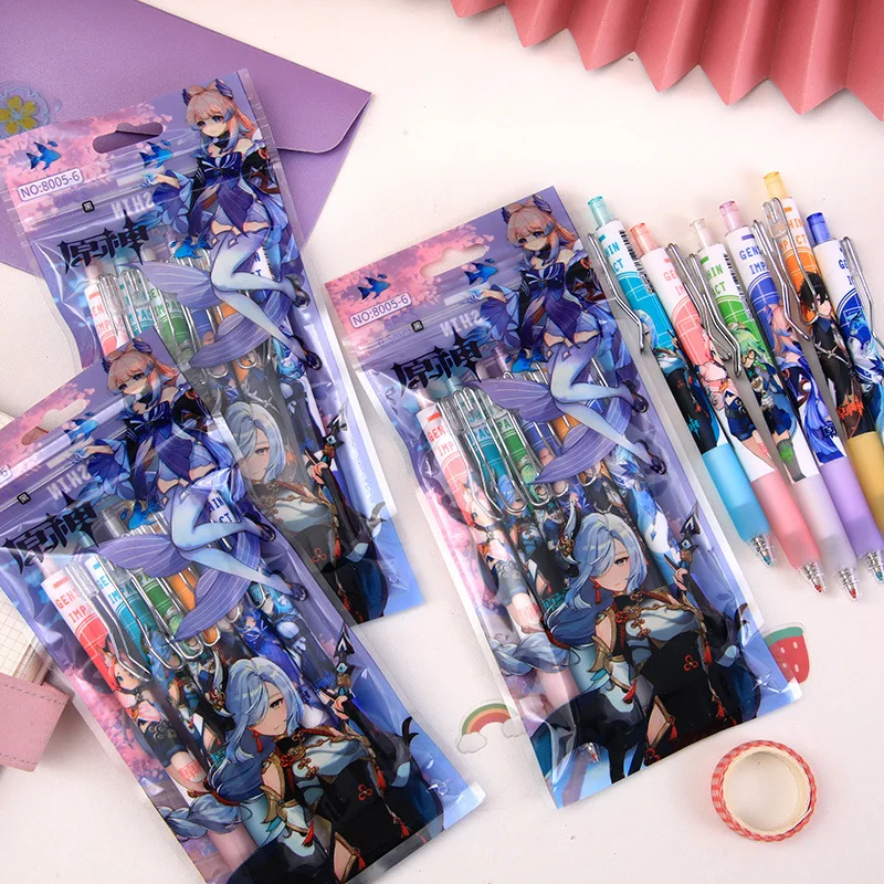 

6Pcs/set Game Genshin Impact Cartoon Anime Black Gel Pen Kawaii Stationery School Supplies 2022