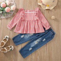 baby girls outfit set new plaid long sleeved shirt torn denim pants two piece childrens suit newborn clothes