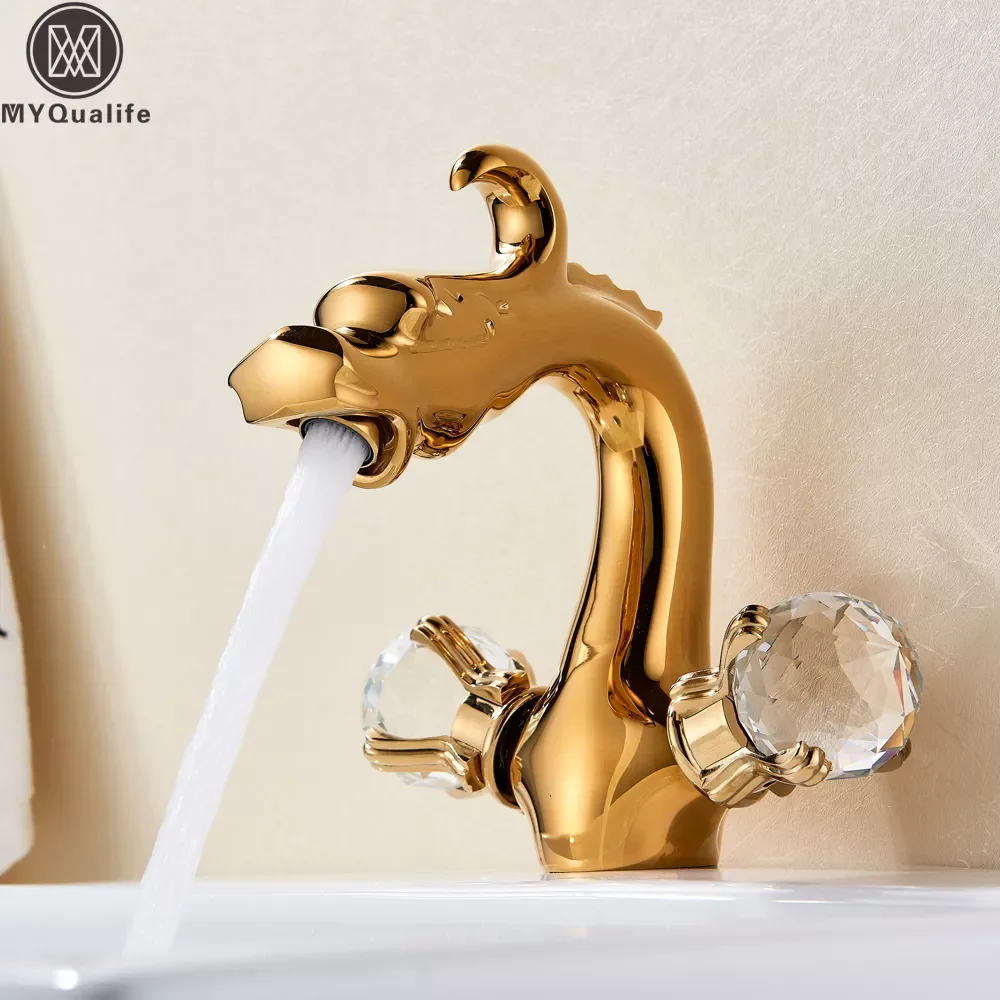 

Chinese Dragon Basin Faucet Bathroom Vessel Sink Mixer Tap Deck Mounted Dual Crystal Handle Hot Cold Water Mixers