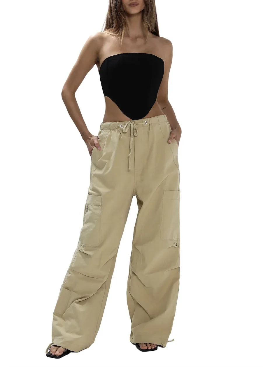 2022 Winter Women Streetwear Cargo Pants Y2K Adjustable Drawstring Elasticated Low Waist Wide Leg Casual Trousers High Street