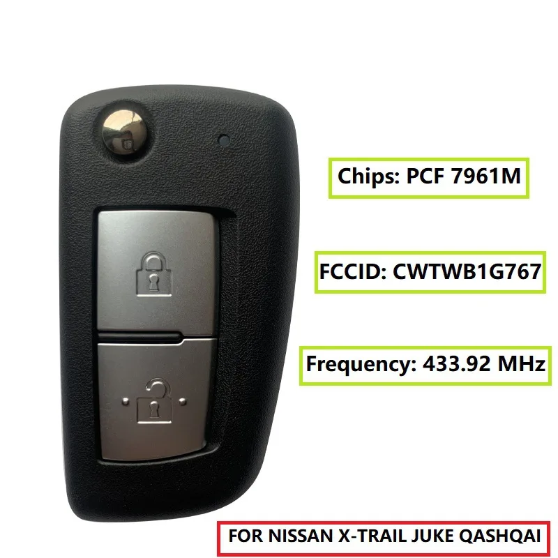 

DIYKEY 2 кнопки 433 МГц 4A PCF7952E откидной дистанционный ключ для Nissan Qashqai J11 Pulsar C13 Juke F15 X-Trail T32 Micra CWTWB1G767