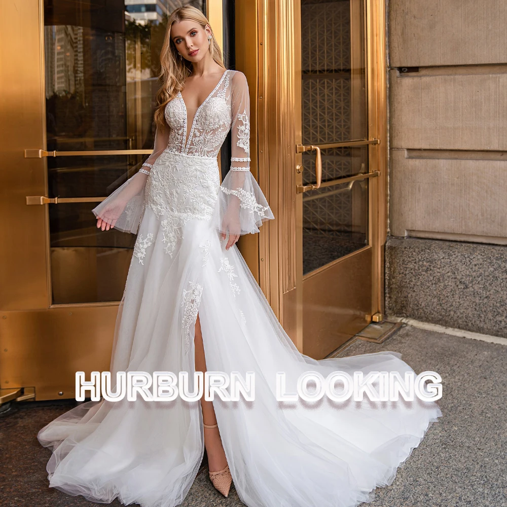 

HERBURN Modern Wedding Dresses For Women Slit Illusion Deep V-Neck Charming Cathedral Dropping Shipping Vestido De Casamento
