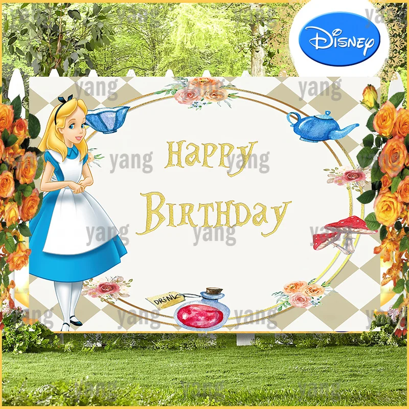 Cartoon Disney Girl Princess Backdrop Rose Mushroom Ring Happy Birthday Party Decoration Alice In Wonderland Backgrounds Banner