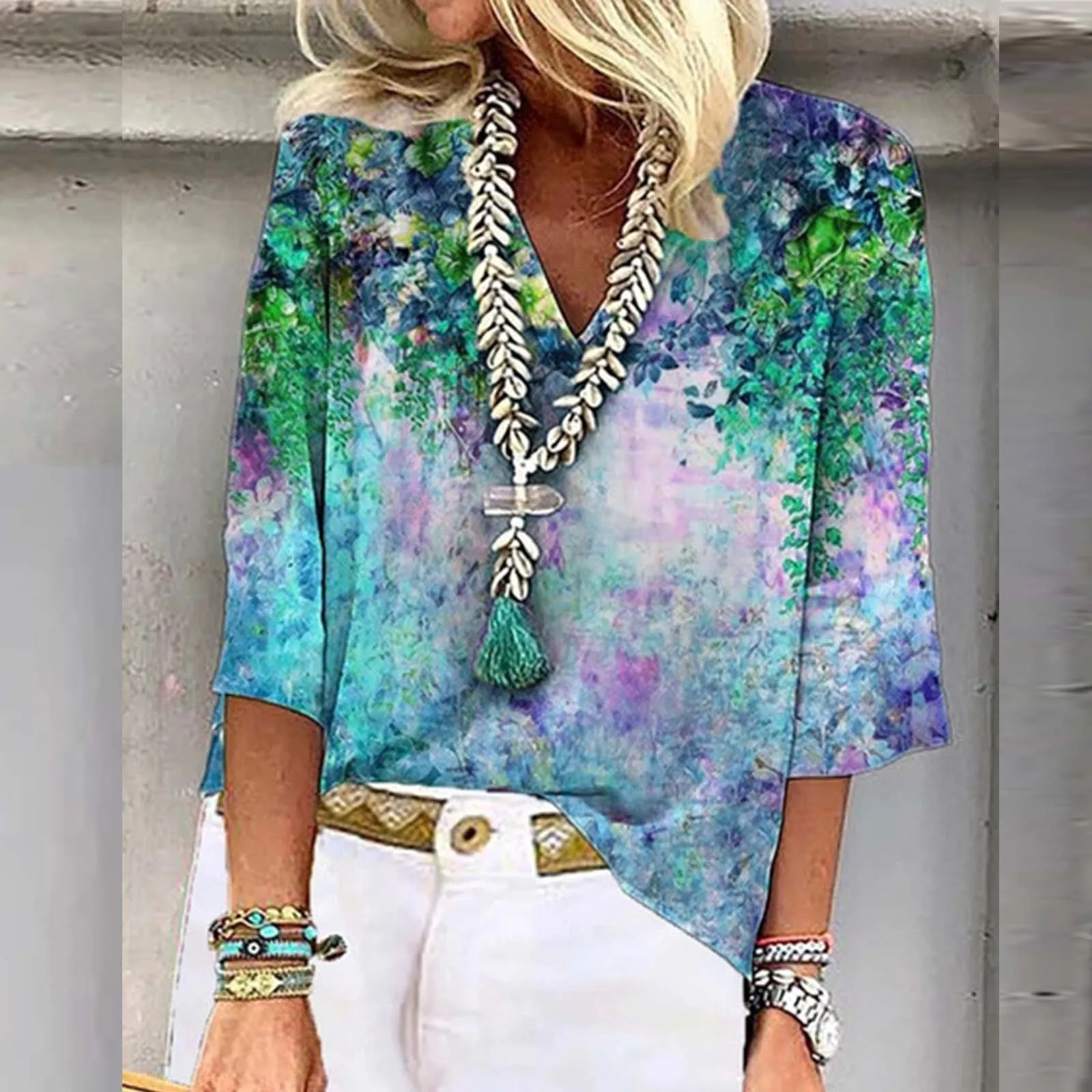 

Женская модная Цветочная туника с V-образным вырезом и рукавом до локтя