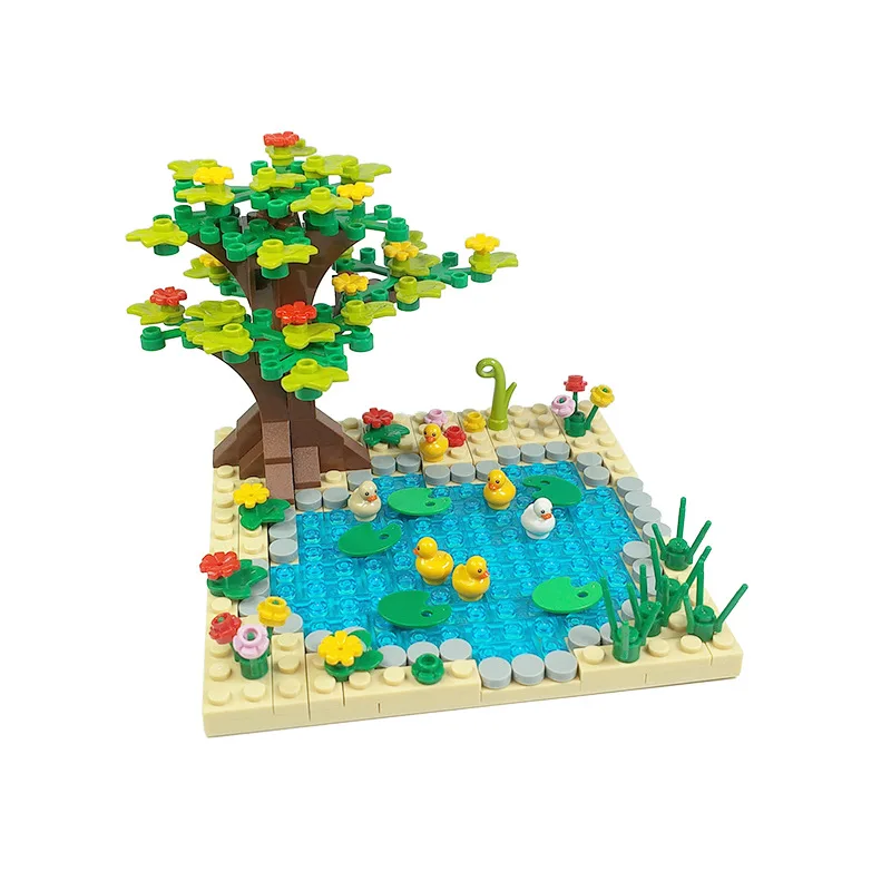 Feleph MOC Bricks Set Scene Baseplate Duck Pond Tree Flower Pool Plant Animal Building Block Kit Educational Toy for Children
