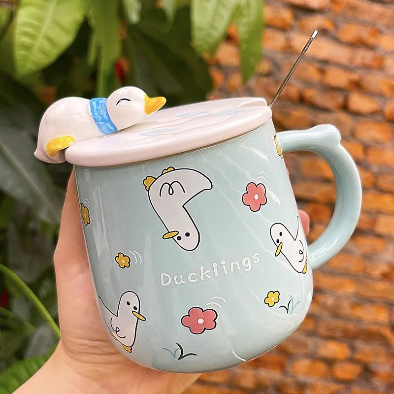 

Swimming Duck Creative Mug Girl Cute Ceramic Cup with Lid Spoon Simple Fresh Super Cute Children's Milk Cup Coffee Mug
