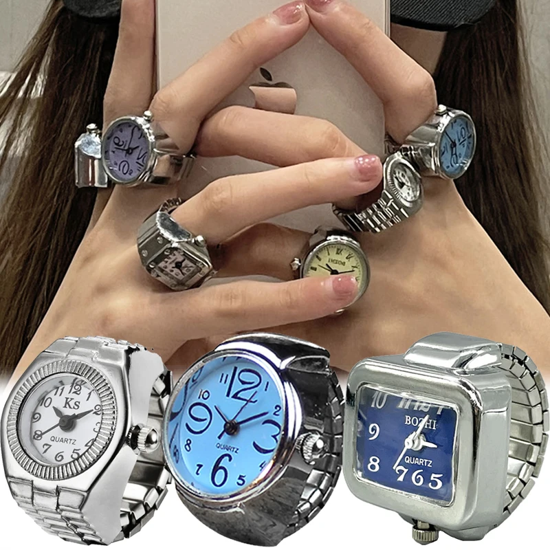 

Vintage Finger Watch Rings Neutral Elastic Strap Alloy Watche Couple Rings Jewelry Clock Retro Roman Quartz Mini Watch Ring