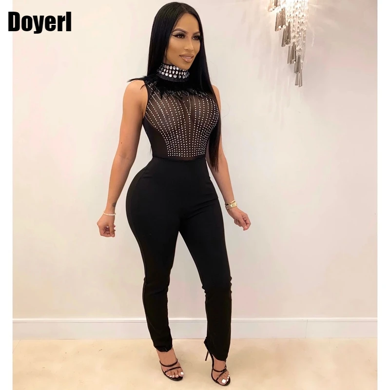 

Bodycon Sexy Jumpsuits Women Feather Crystal Rhinestone Sheer Mesh Evening Jumpsuit Elegant Party Club Rompers Womens Jumpsuit