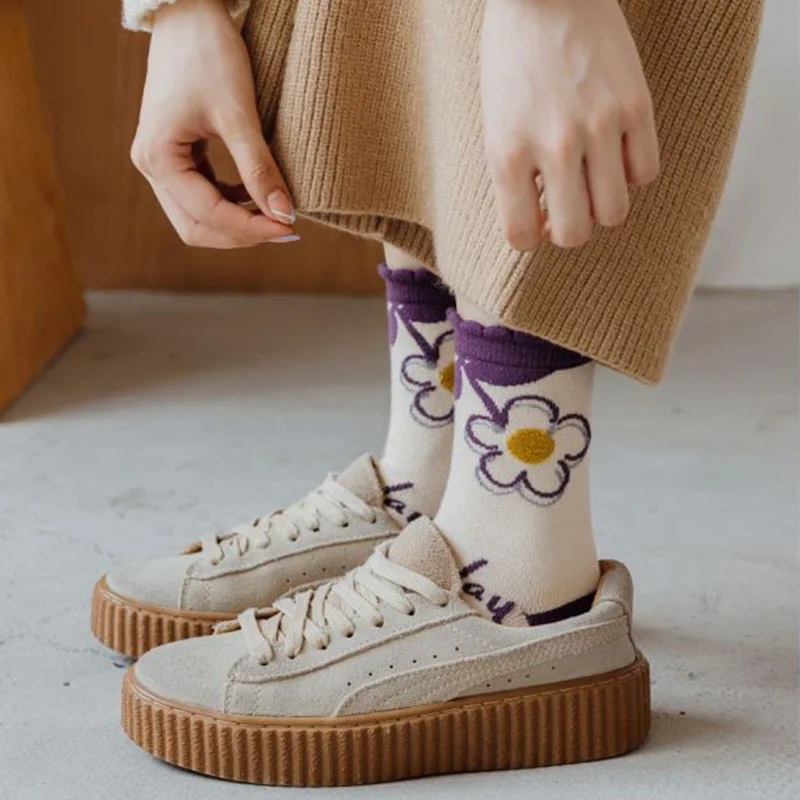 5 Pair Print Wool Socks Women Three-Dimensional Flowers Long Thick Winter Socks Cute Soft Girls Streetwear Leg Warmers Keep Warm