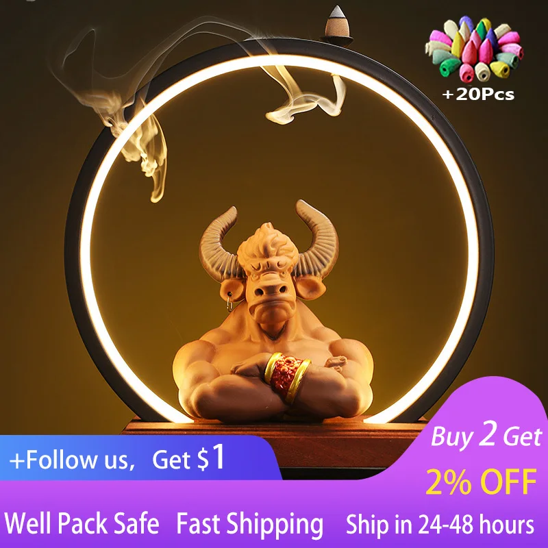 

Керамическая круглая лампа, светлая декорация, курильница для благовоний с обратным потоком, кролик, король-демон быка, курильница для благ...