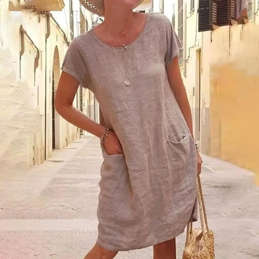 

Popular Women Dress Women O Neck Casual Solid Color Loose Dress Casual Dress Comfortable
