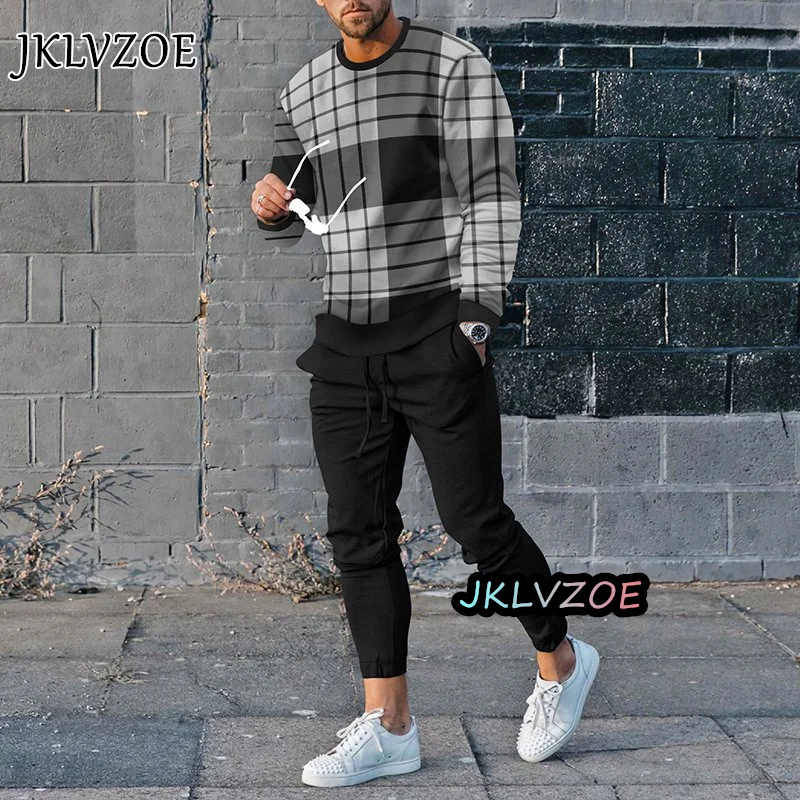 Men's Tracksuit Fashion Streetwear Set Long Sleeved T-shirt Trousers Stripe Casual Jogging Sweatshirt Suit Oversized Sportswear