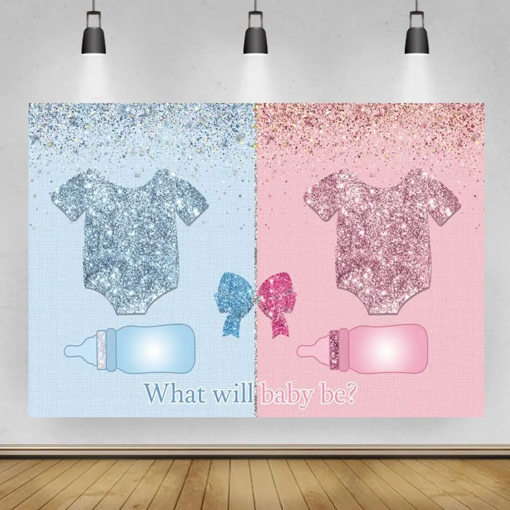Blue Pink Gender Reveal Newborn Photography Backdrop Milk Bottles Baby Shower Family Guess Boy Or Girl Table Decor Background