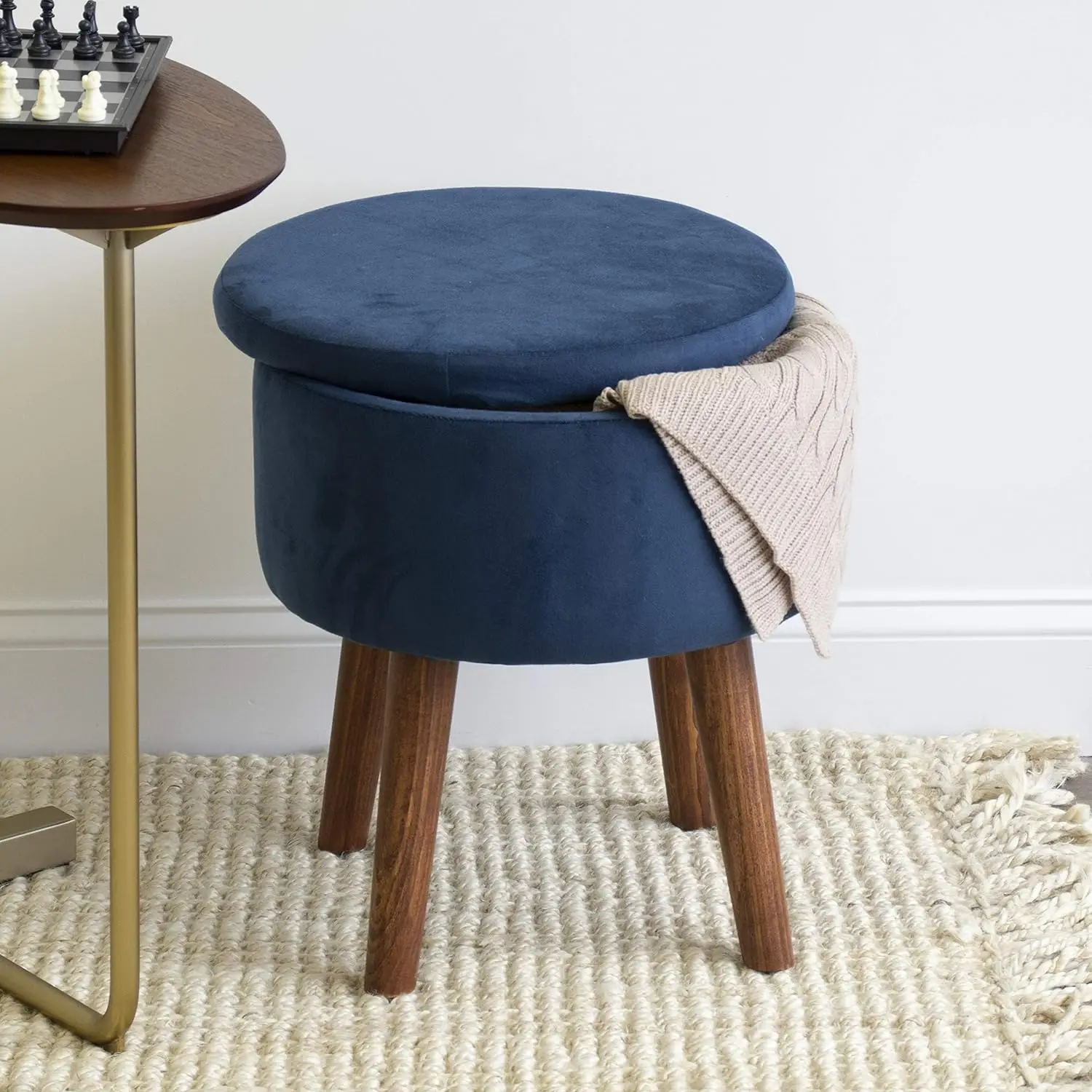 

Round Storage Ottoman Footstool, Velvet Blue 16x16x19 inches