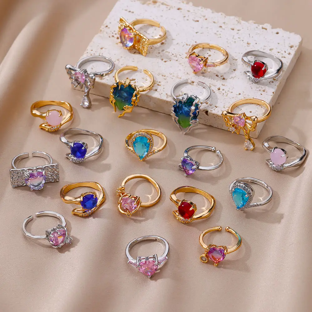 

Colorful Zircon Heart Rings For Women Gold Plated Stainless Steel Adjustable Geometric Ring Femme Wedding Aesthetic Jewelry Gift
