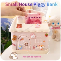 kawaii piggy bank cartoon house shape cute money box piggy bank with lock and key girl money saving box home decor money boxes