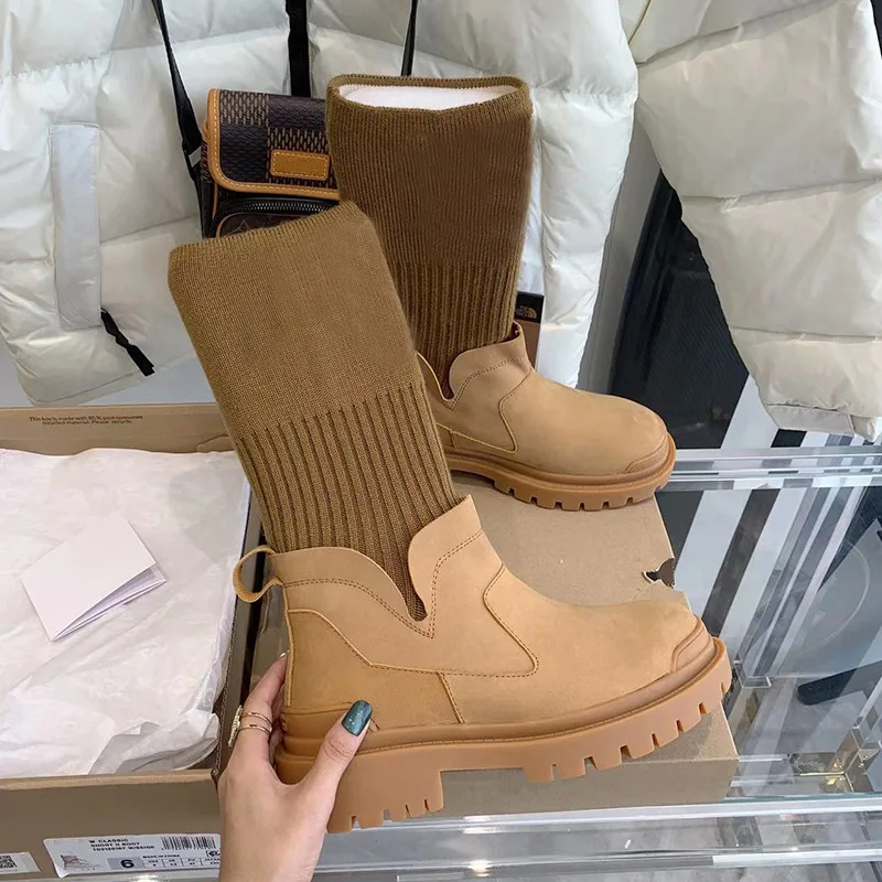 

Plus Size Stretch Socks Women's Boots 2023 Winter Knitted Stitching Warm Snow Boots Round Toe Thick Sole Short Boots Women Shoes